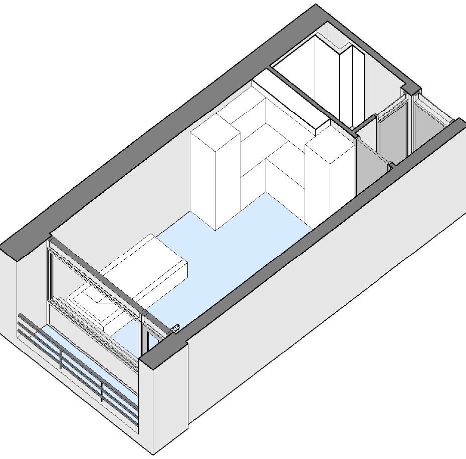 3D floorplan rendering of an apartment showing the layout of the kitchen/living area, bathroom, and balcony.
