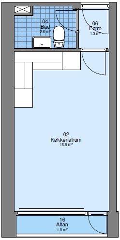 2D floorplan of an apartment showing a combined kitchen/living room, bathroom, entrance, and balcony.