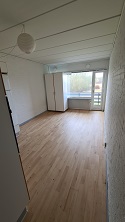 View of the main living area with light wood flooring, white walls, and a large window leading to a balcony.