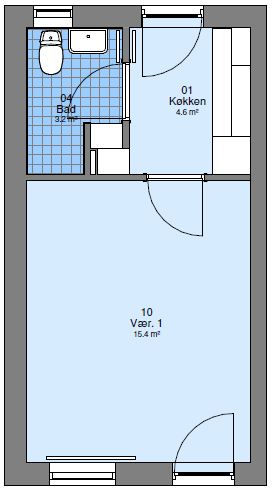 2D floorplan of an apartment showing a living room, kitchen, and bathroom layout.