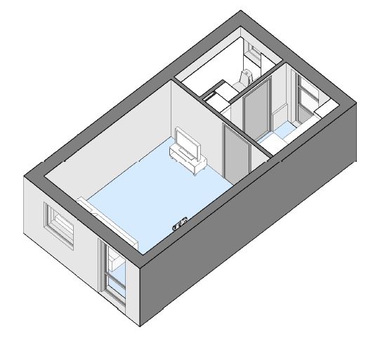 3D isometric view of an apartment floorplan, showing the layout of a living room, kitchen, and bathroom.
