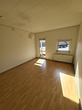 Empty living room with light wooden floor, white walls, a window, a radiator, and a door leading to a balcony.