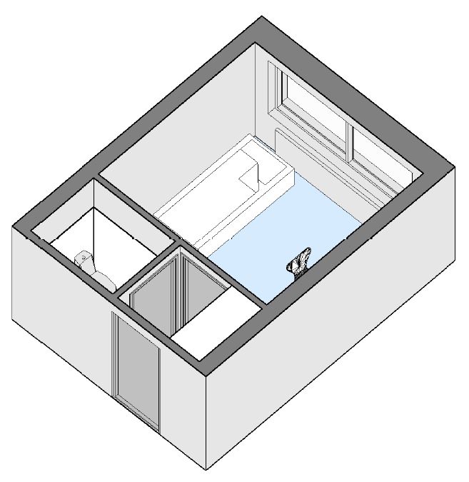 3D isometric view of an apartment layout, showing a main room, bathroom, and entrance area.