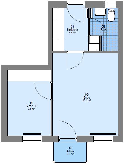 2D floor plan of an apartment showing kitchen, bathroom, living room, bedroom, and balcony with their respective areas.