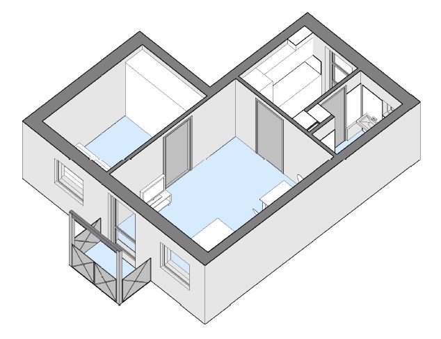 3D isometric view of the apartment floor plan, showing the layout of rooms including kitchen, bathroom, living room, bedroom, and balcony.