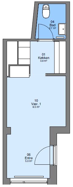 2D floor plan of an apartment showing an entrance, a main room, a kitchen, and a bathroom with their respective areas.