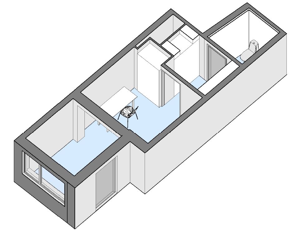 3D isometric floor plan of an apartment showing the layout of rooms including an entrance, main room, kitchen, and bathroom.