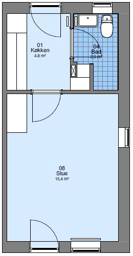 A 2D floorplan showing the layout of an apartment with a kitchen, bathroom, and living room.
