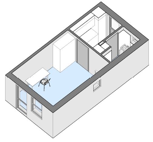 A 3D isometric view of an apartment floorplan, showing the layout of rooms including a living area, kitchen, and bathroom.