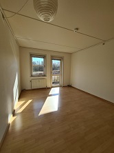 An empty living room with light wooden flooring, white walls, two windows, and a door leading to a balcony, with sunlight casting shadows on the floor.