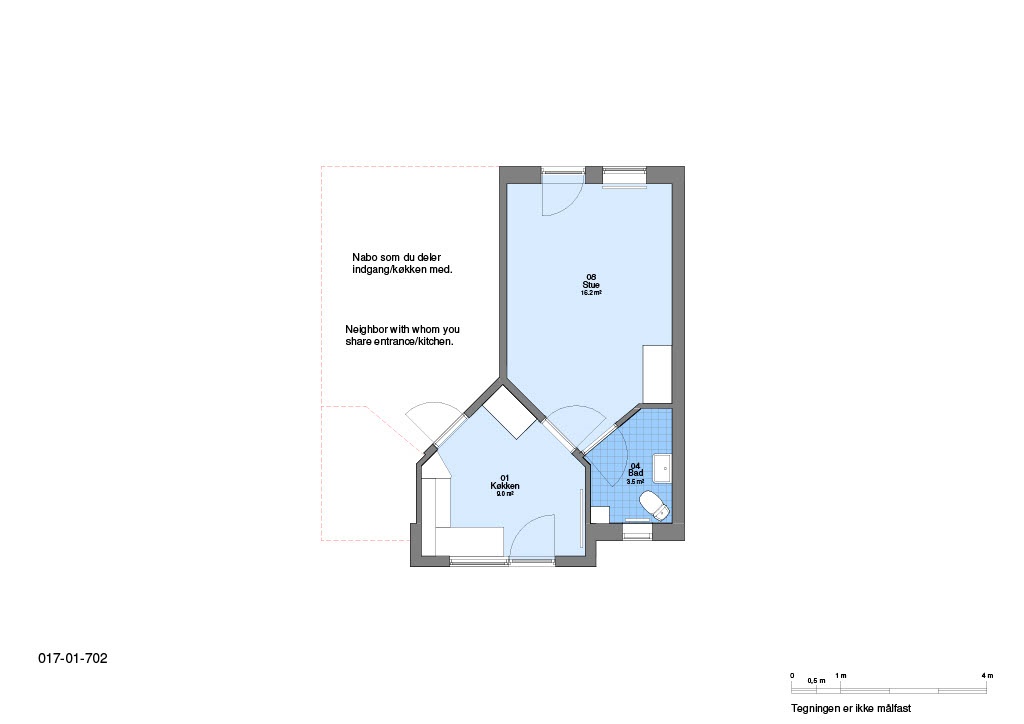 2D floor plan of an apartment showing a kitchen, living room, and bathroom, with a note about a shared entrance/kitchen area.