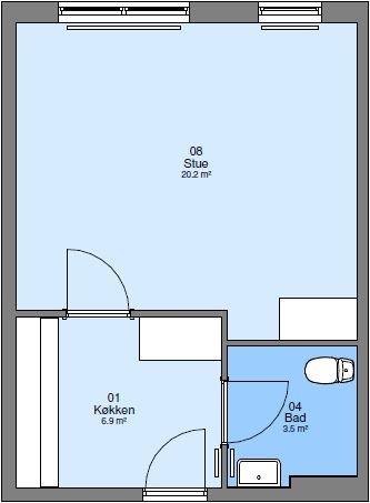 2D floor plan of an apartment showing a living room, kitchen, and bathroom layout.