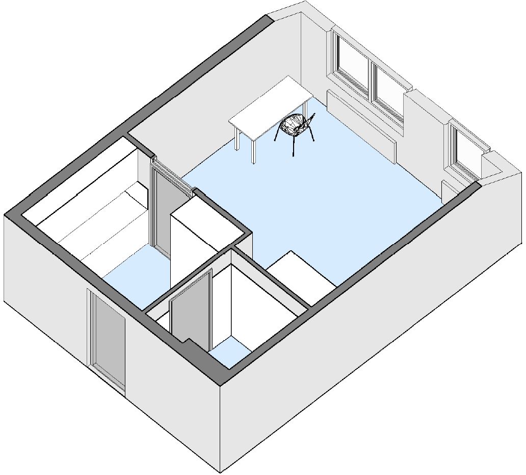 3D isometric view of an apartment floor plan, showing a living area, kitchen, and bathroom layout.