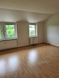 Empty room with light wooden laminate flooring, two windows, and radiators.