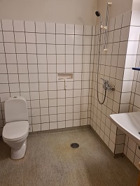 Bathroom with white tiled walls, a toilet, and a shower area.