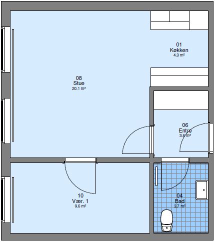 2D floorplan showing the layout of an apartment with a kitchen, living room, entrance, room, and bathroom.