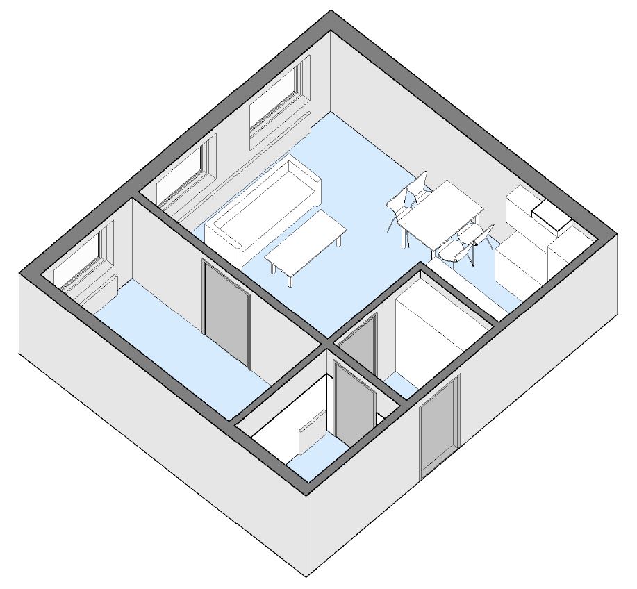 3D floorplan rendering of an apartment, showing a living area with a sofa and coffee table, a dining area with a table and chairs, and a separate room.
