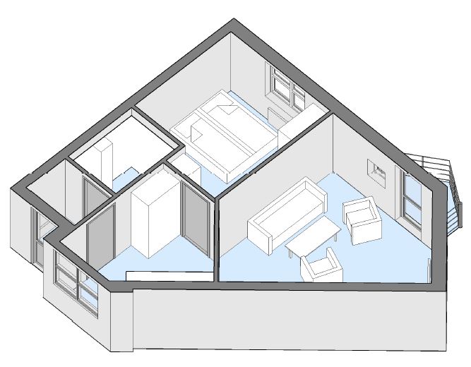 3D isometric view of an apartment floor plan showing the layout of the living room, bedroom, kitchen, and bathroom.
