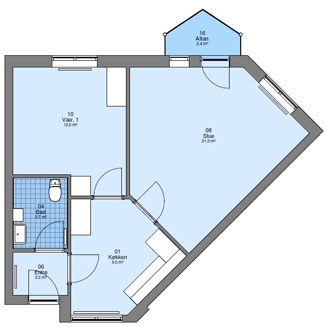 2D floor plan of an apartment showing a bedroom, living room, kitchen, bathroom, and an entrance area, with an attached balcony.
