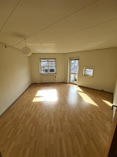 An empty living room with light wooden flooring, white walls, and two windows allowing natural light, with a door leading to a balcony.