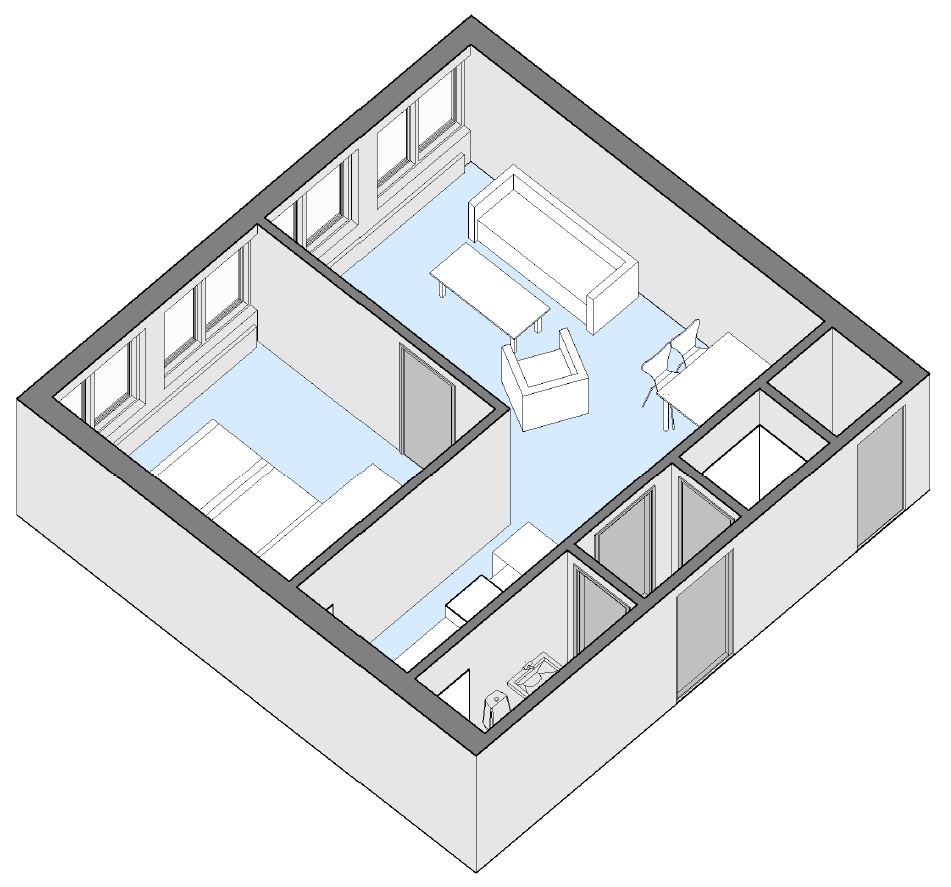 3D isometric view of an apartment floorplan, showing furniture in the living room and bedroom, and the layout of the kitchen and bathroom areas.
