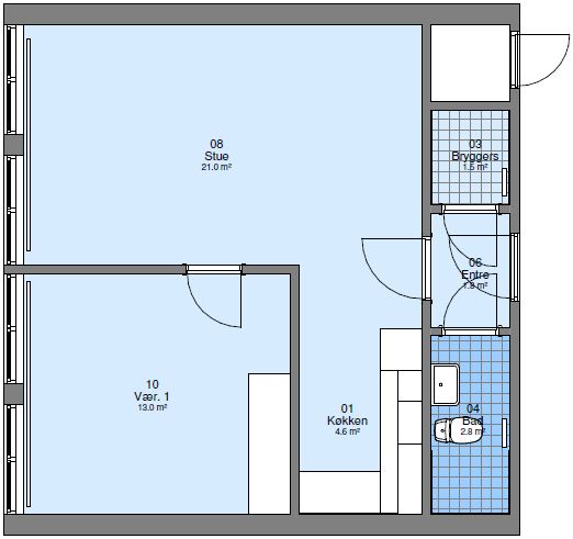 2D floorplan showing the layout of an apartment with a living room, bedroom, kitchen, utility room, entrance, and bathroom.