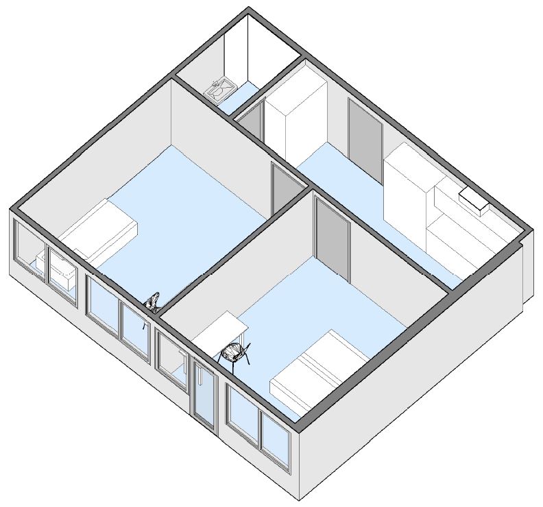 3D floorplan rendering of an apartment with two bedrooms, a kitchen, and a bathroom.