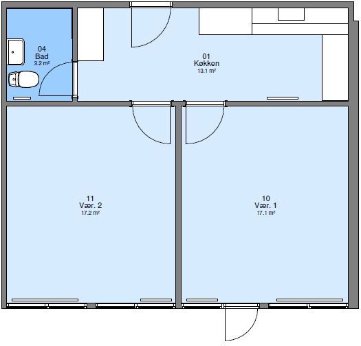 2D floorplan showing a kitchen, bathroom, and two additional rooms.