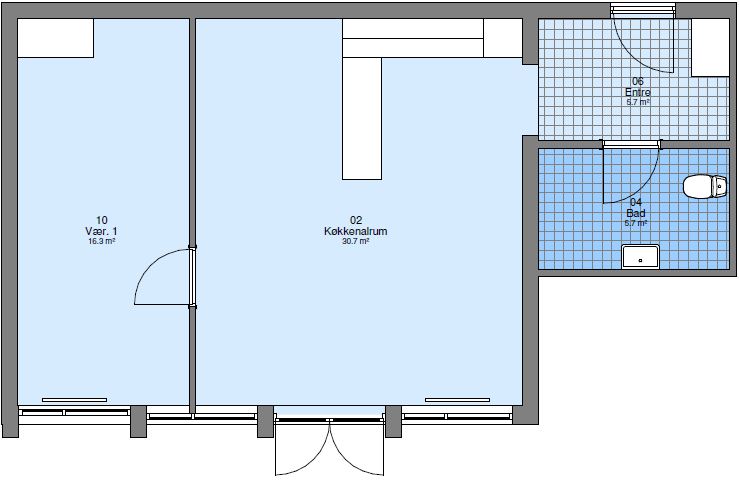 2D floor plan of an apartment showing a bedroom, kitchen/living room, bathroom, and entrance.