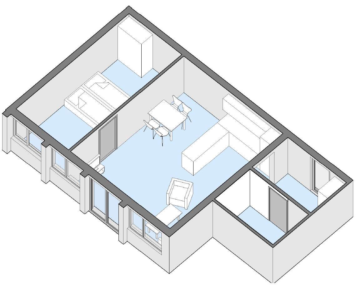 3D isometric floor plan of an apartment showing a bedroom, open-plan kitchen/living area, and bathroom.