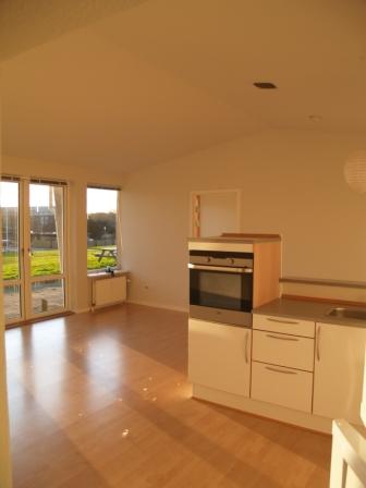 View of an open-plan kitchen and living room with wooden floors and large windows, bathed in sunlight.