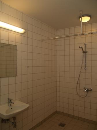 Bathroom shower area with a wall-mounted shower head, sink, and tiled walls and floor.