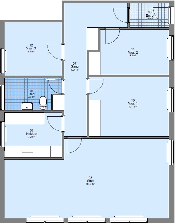 2D floor plan of an apartment showing three bedrooms, a living room, kitchen, bathroom, hallway, and entrance.