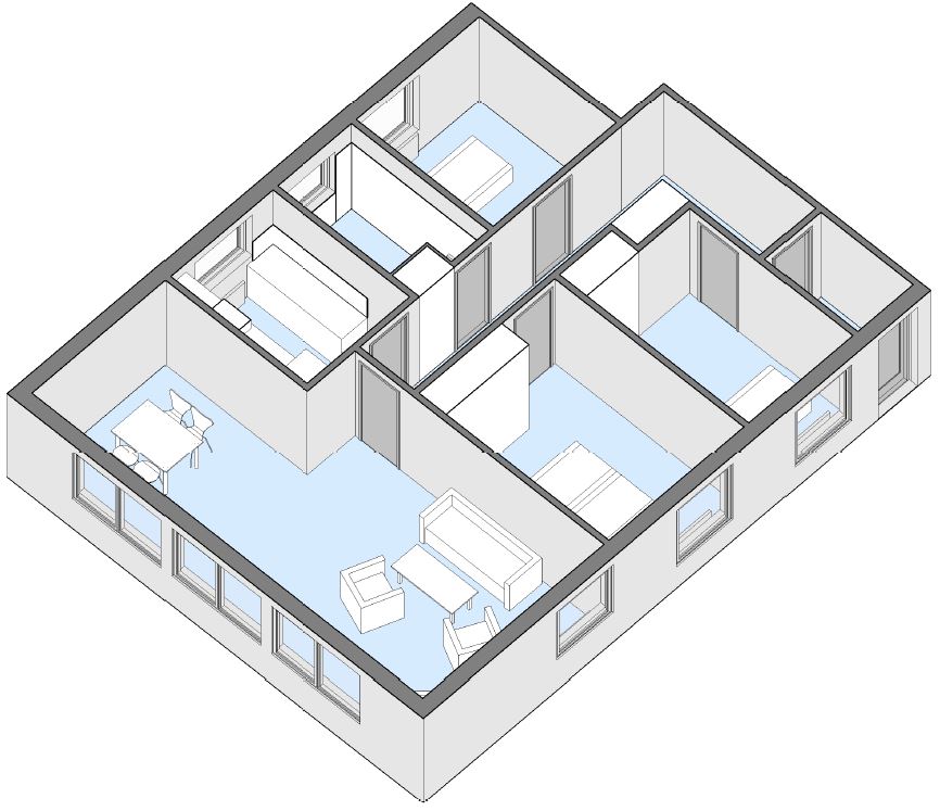 3D floor plan of an apartment showing the layout with furniture, including a living room, kitchen, and three bedrooms.