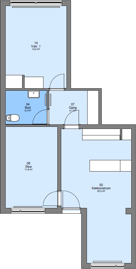 2D floor plan of an apartment showing room layout and areas.