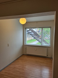 Empty room with light wooden floor, white walls, a window showing an external staircase, and a radiator.