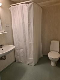 Bathroom with a white toilet, a sink, and a shower area enclosed by a white curtain.