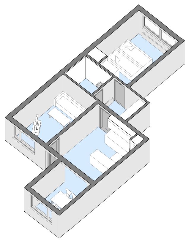 3D isometric view of an apartment floor plan with furniture layout.