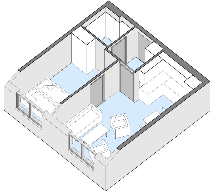 A 3D floor plan of a one-bedroom apartment, illustrating the layout with furniture such as a sofa, chairs, and kitchen counters.
