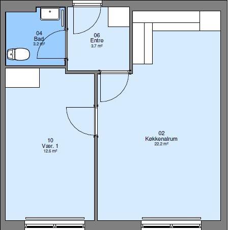 A 2D floor plan of a one-bedroom apartment, showing a kitchen-living room, a bedroom, a bathroom, and an entrance hall with their respective area measurements.