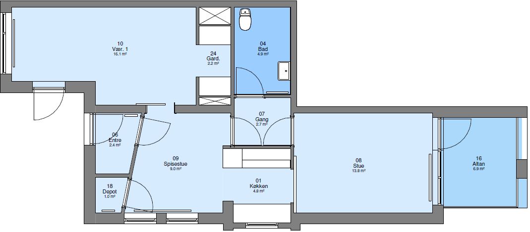 A 2D floorplan of an apartment showing room layouts and their respective areas in square meters.