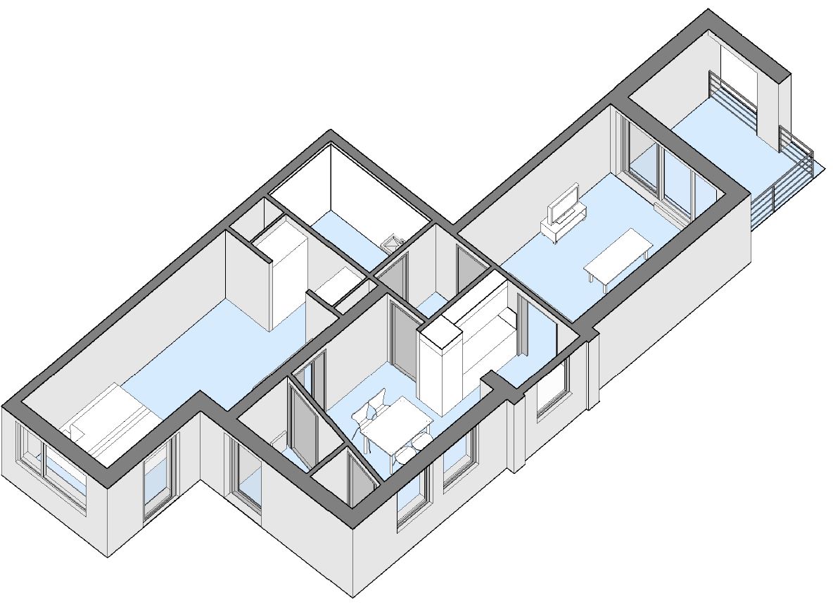 A 3D isometric view of an apartment floorplan, showing the layout with basic furniture representations.