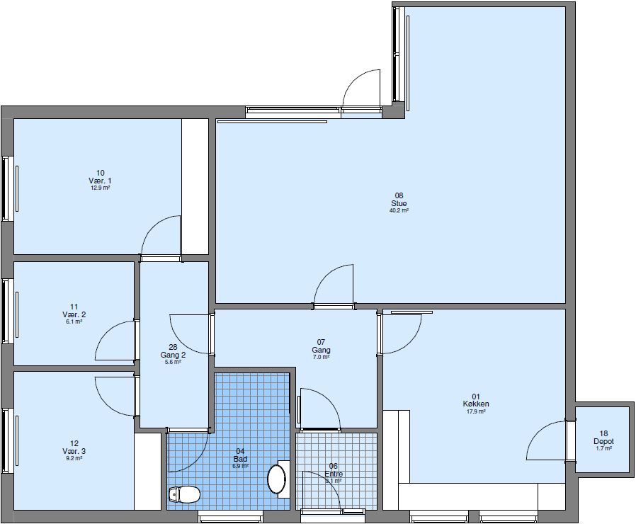2D floorplan of an apartment showing three bedrooms, a living room, kitchen, two hallways, a bathroom, an entrance, and a storage room.