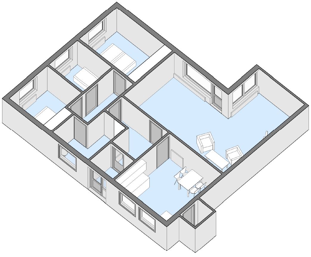 3D isometric view of an apartment floorplan showing the layout of rooms including bedrooms, living room, kitchen, and hallways.