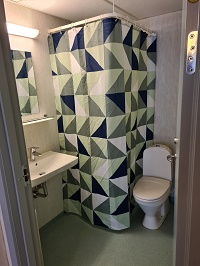 Small bathroom with a toilet, sink, mirror, and a geometric pattern shower curtain.