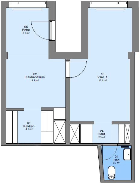 A 2D floor plan of an apartment showing an entrance, two kitchen areas, a bedroom, a wardrobe, and a bathroom.