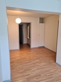 Empty room with hardwood floor, a white spherical pendant light, and an open doorway leading to another area.