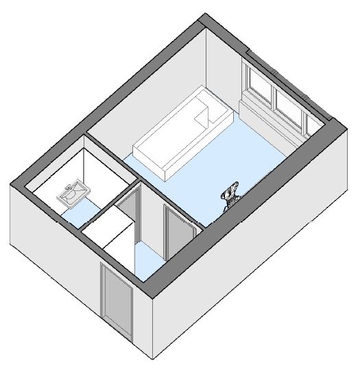 3D isometric view of an apartment layout, showing a bedroom with a bed, a bathroom with a sink, and an entrance.