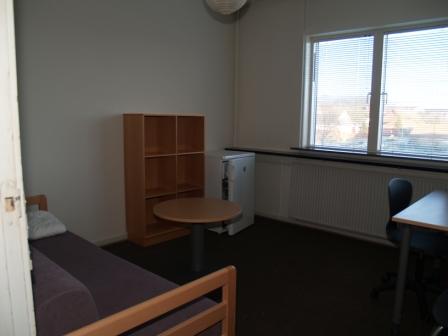 Bedroom or living area with a bed, wooden shelf, round table, mini-fridge, and large window with blinds.