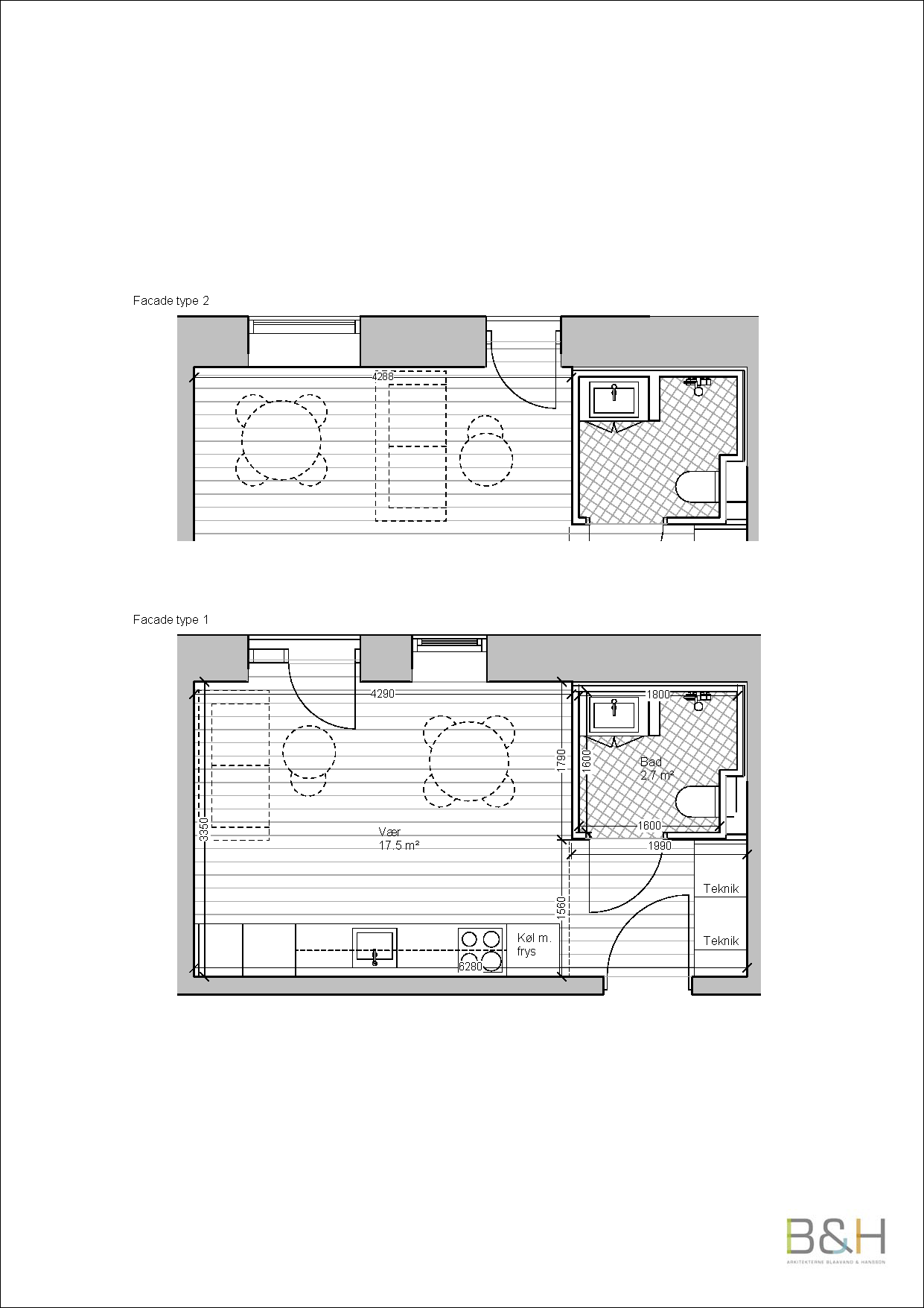 2D floorplan showing two apartment layouts, Facade type 1 and Facade type 2, with room labels and dimensions.